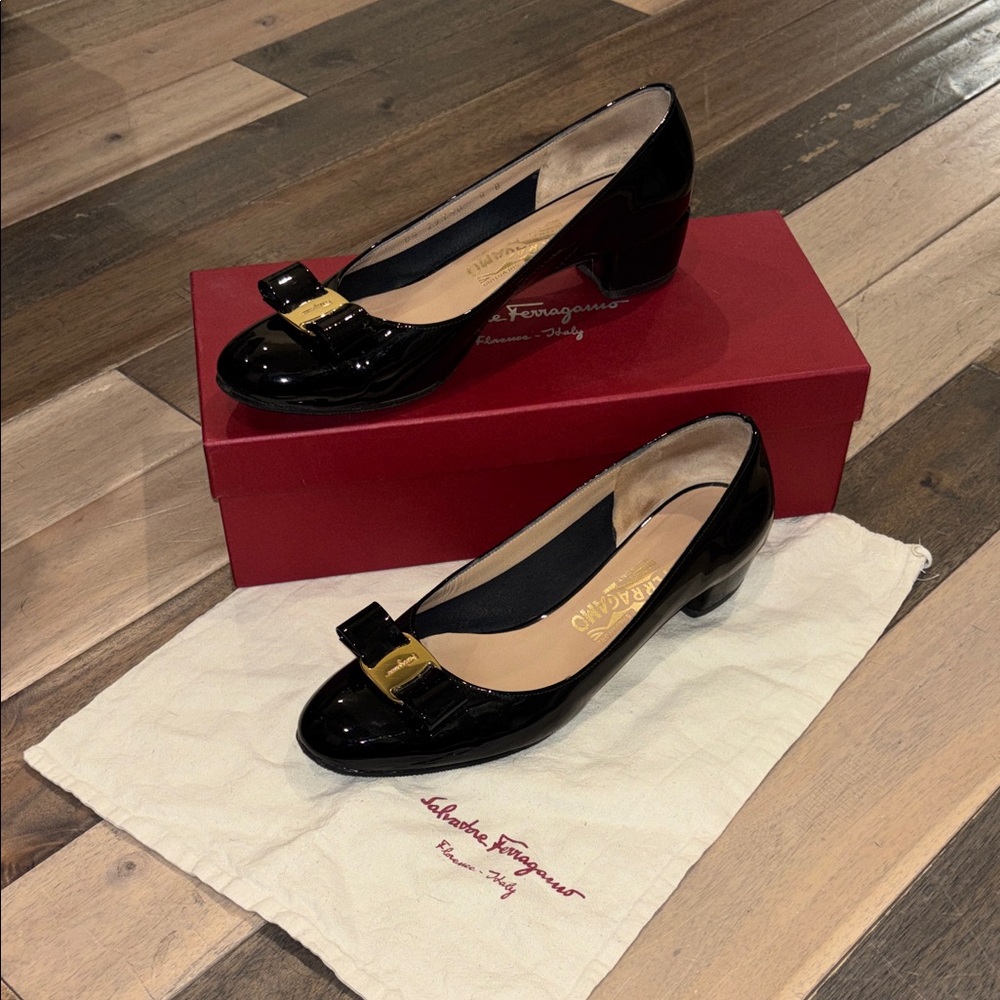 Salvatore Ferragamo Vara Black Patent Leather Pumps with Gold Buckle Accent